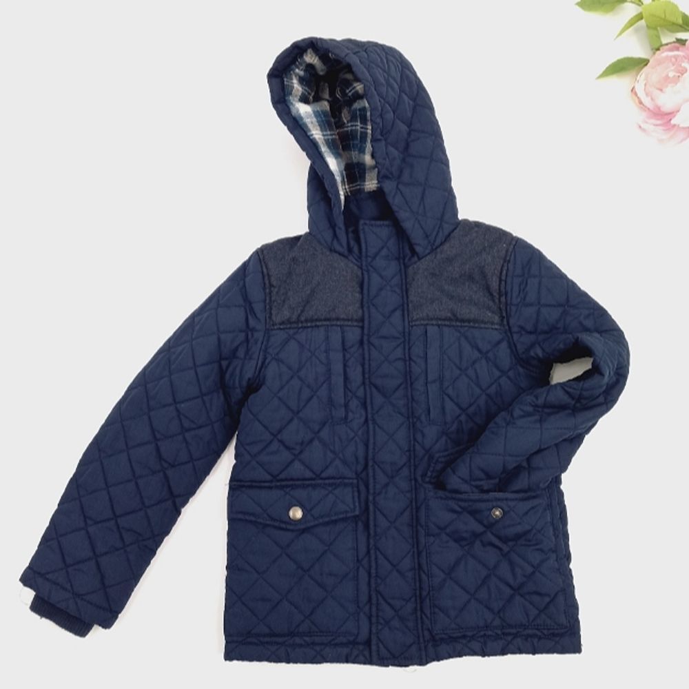 Marks & Spencer M&S Kid's Jacket Sz 7 - 8 Years Navy Quilted Hooded Elbow Patch